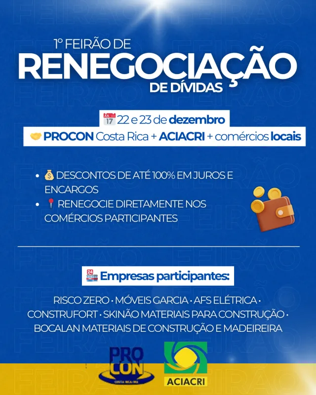 Imagem de compartilhamento para o artigo Costa Rica lança Feirão de Renegociação de Dívidas com descontos de até 100% em juros da MS Todo dia